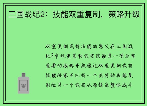 三国战纪2：技能双重复制，策略升级